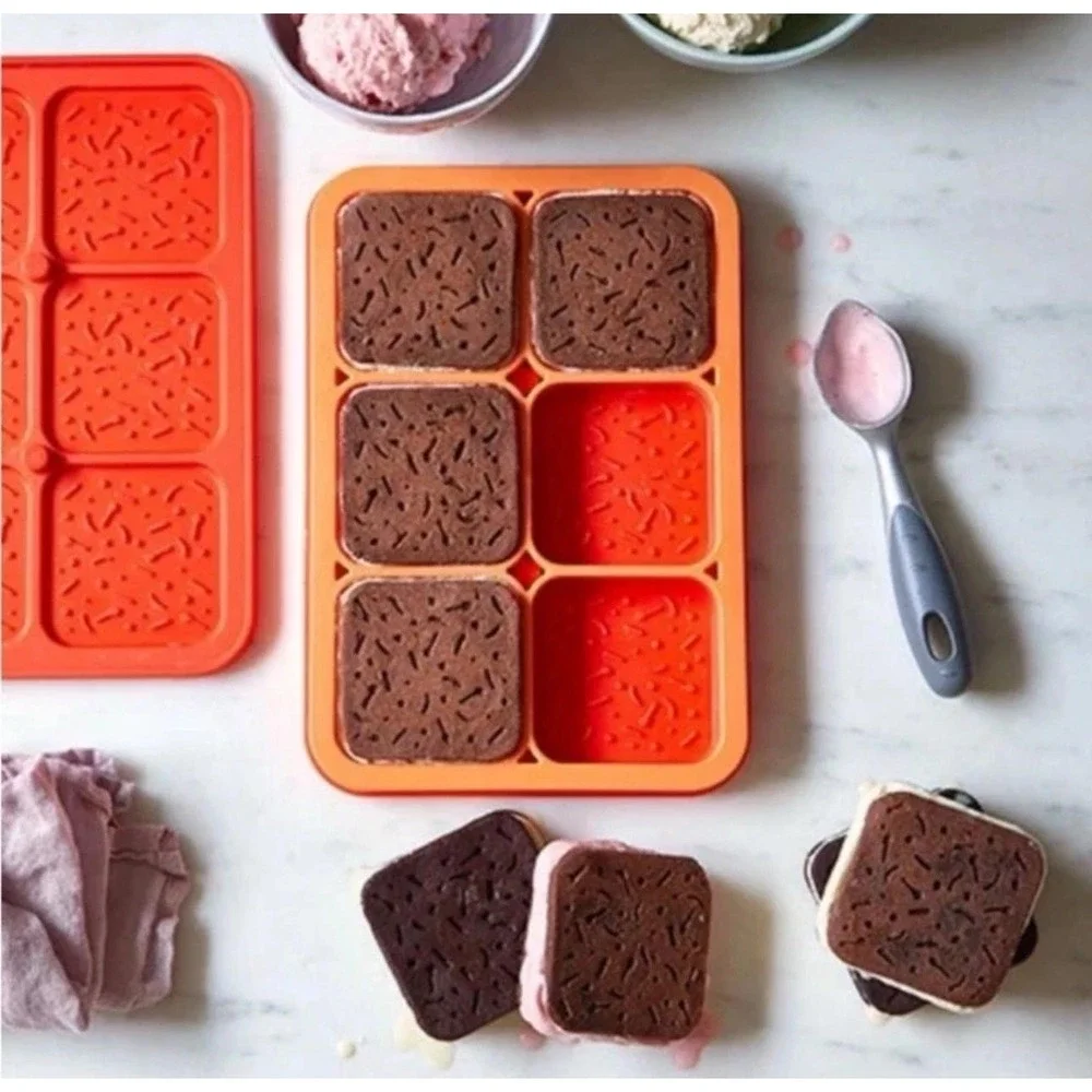 Pampered Chef Silicone Ice Cream Sandwich Maker 2493 Orange 6 Cavity Mold‎ + Lid